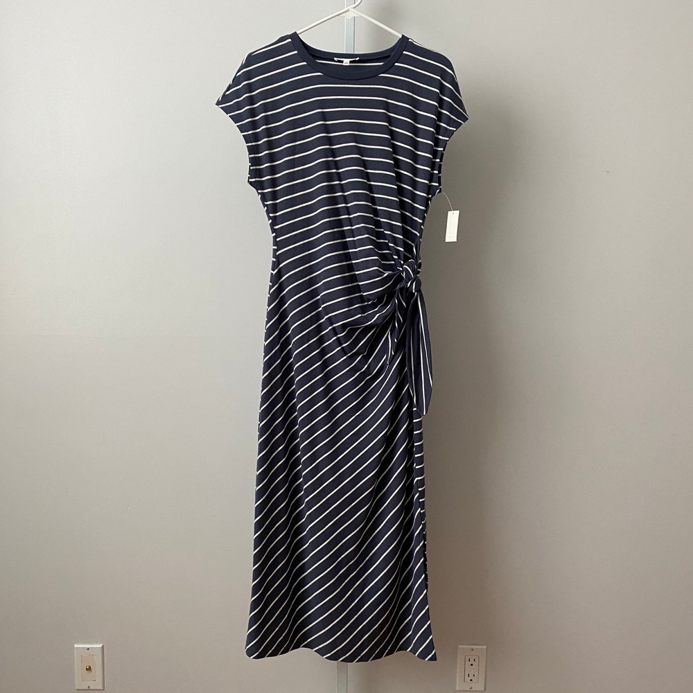 Haven Well Within M Navy White Striped Midi Dress Side Tie Nautical Casual